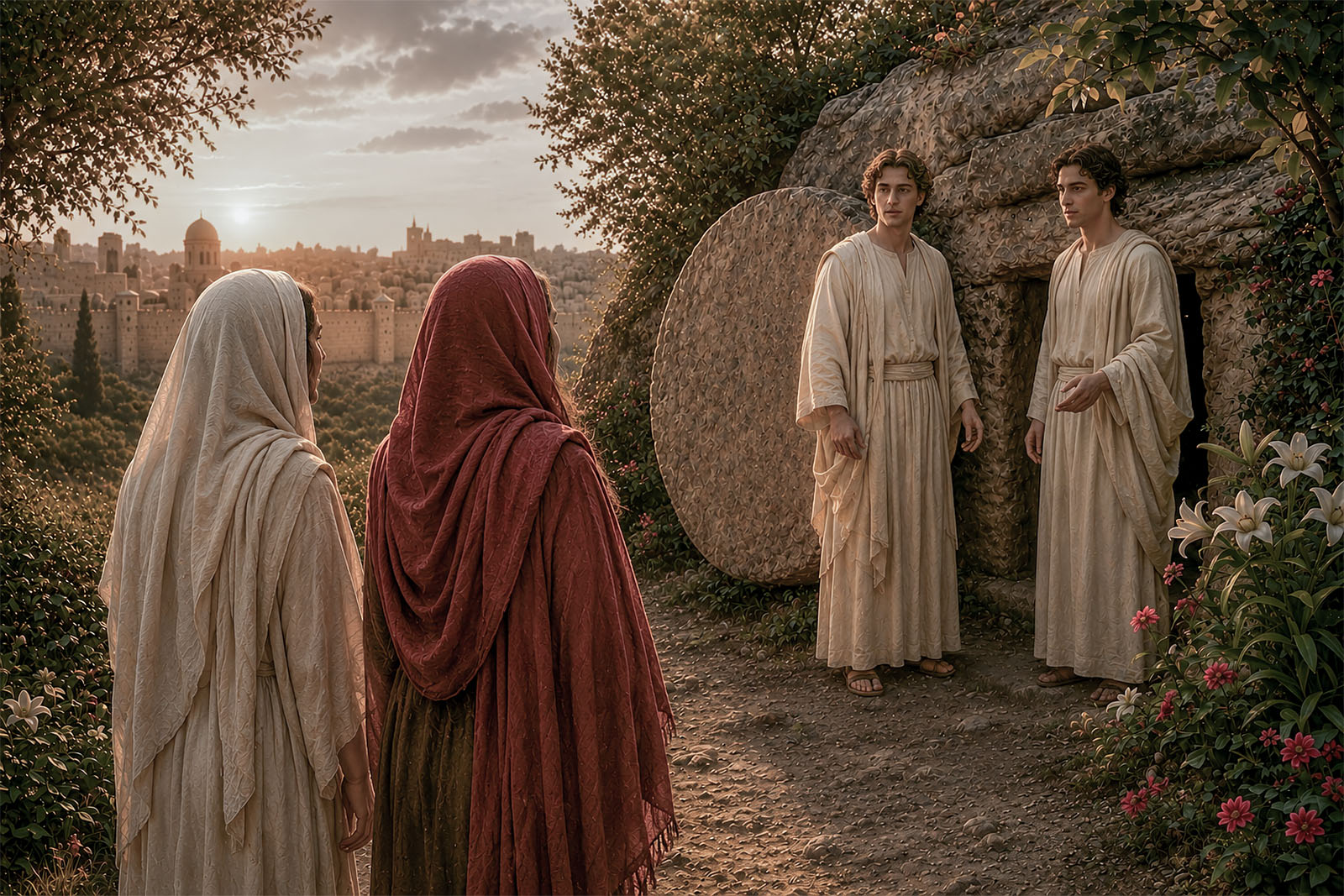 Two angels appear at Jesus's tomb